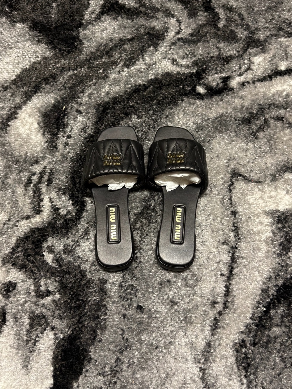 Miu Miu Matelassé Nappa Leather Slides Black and Gold Womens Size 7 or 8 - Picture 4 of 6